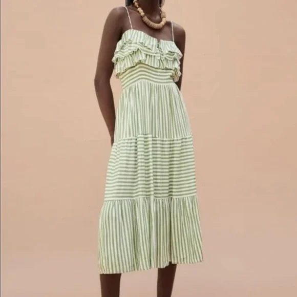Zara | Dresses | Zara Striped Midi Dress Green White | Poshmark